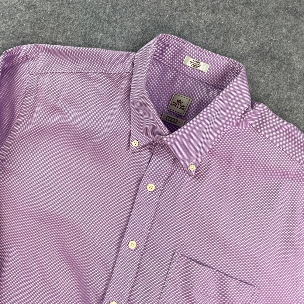 Peter Millar Mens Button Down Shirt L Purple Textured Nanoluxe Easycare Cotton